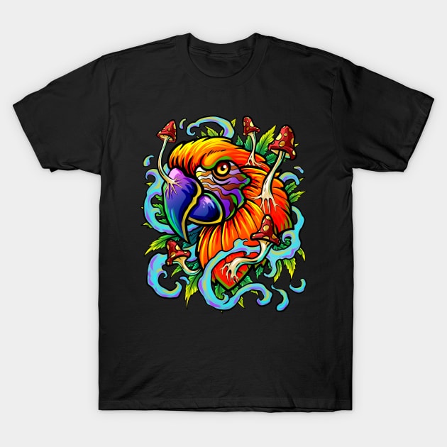 Weed Magic Mushroom Parrot Art Trippy Shroom LSD Acid Trip T-Shirt by Proficient Tees